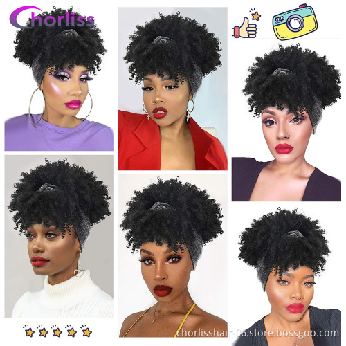 Wholesale Ombre Grey Headbands Black Bug Short  Afro Wig Synthetic Wigs Kinky Curly Box Wrap Puff Turban wigs For women